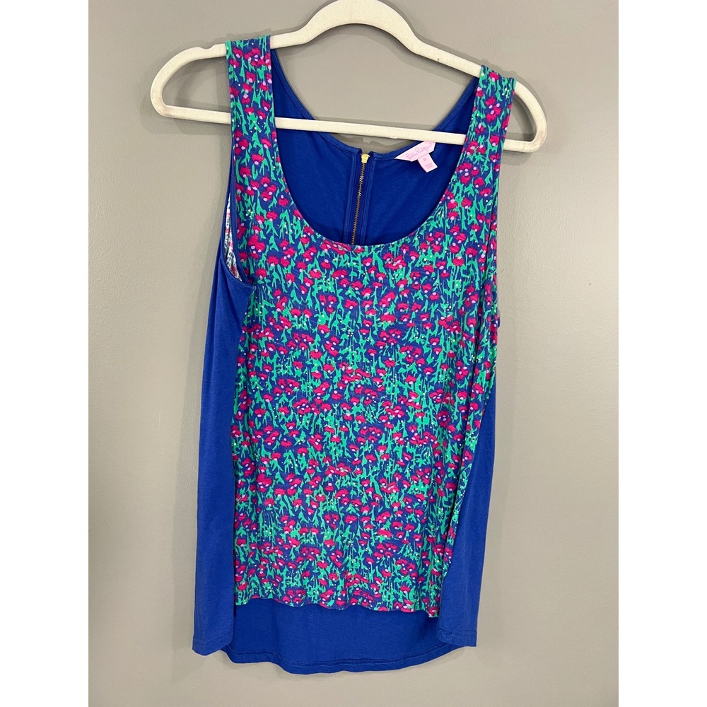 Lilly Pulitzer Larina Tank Top XL Barefoot Princess Floral Blue Zip Back Knit